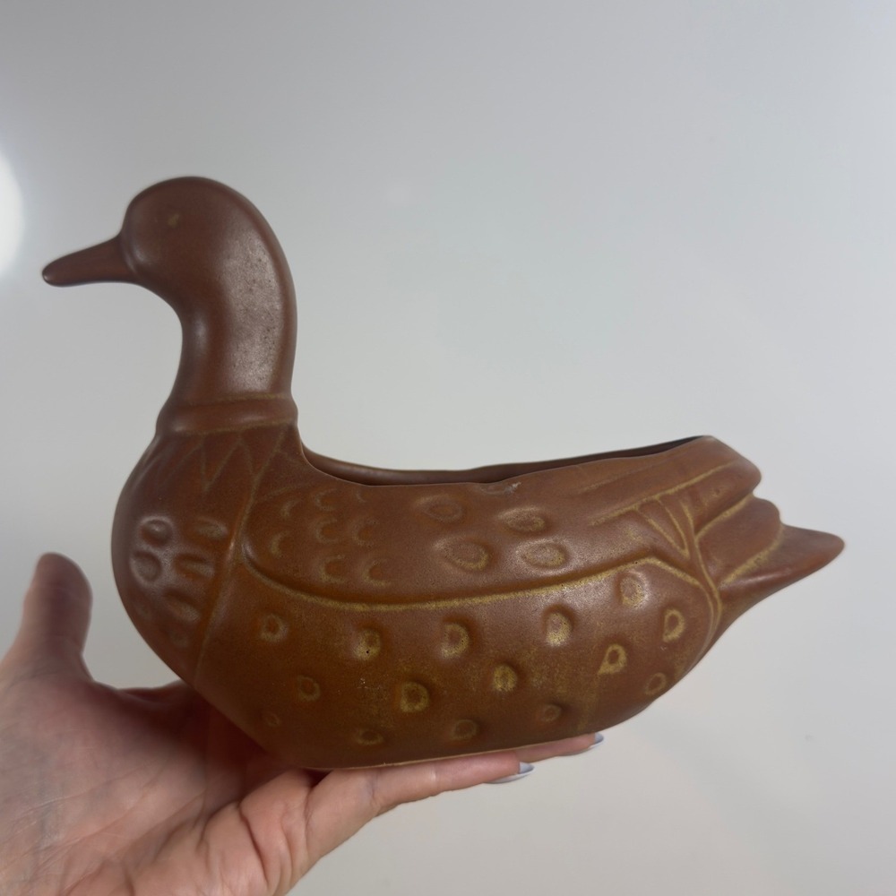 Vintage Brown Ceramic Duck Planter Figurine Matte Textured Waterfowl Decor 8.5"